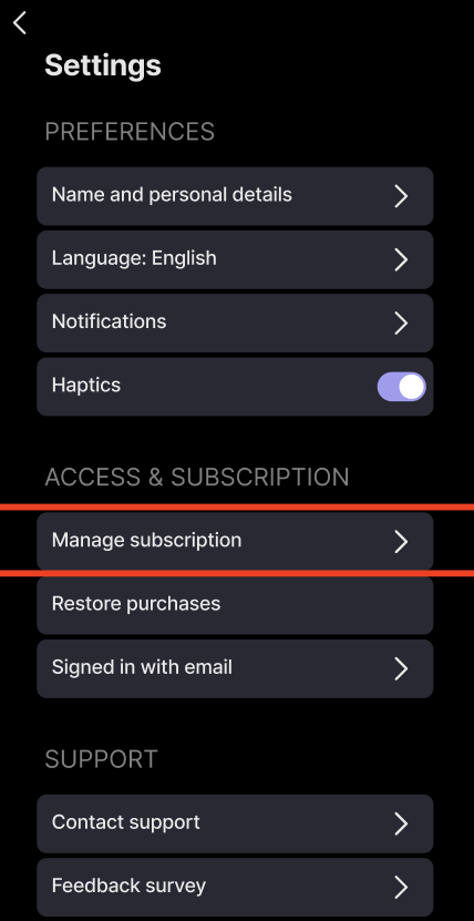 Holdme app Settings screen with Manage subscription highlighted
